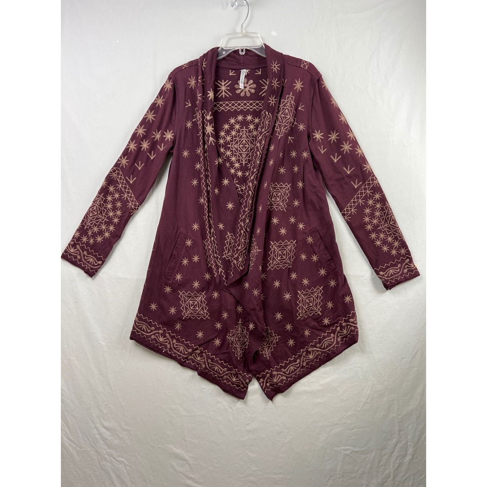 Monoreno Cardigan Womens Small Burgundy Embroidered Open Front Sharkbite Cotton